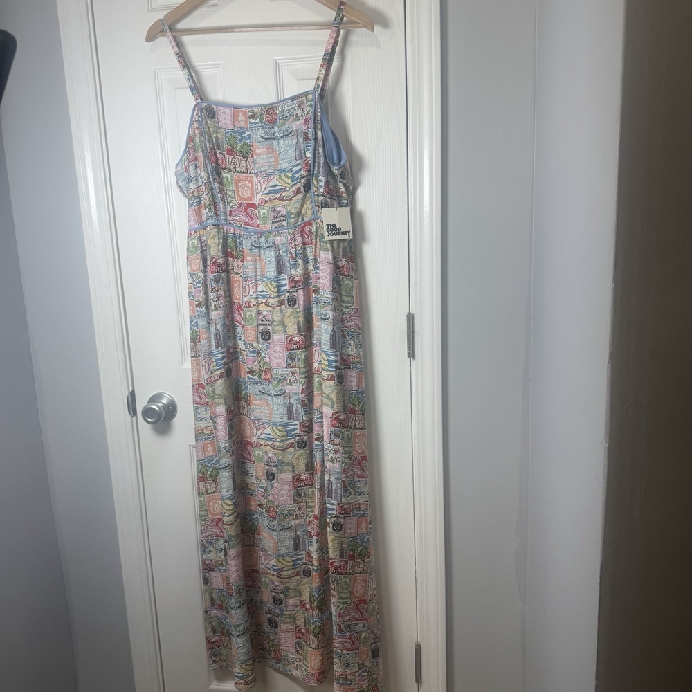 The Good Journey Dress Size 14 Strappy Postcard Print Maxi Beach Vacation Resort
